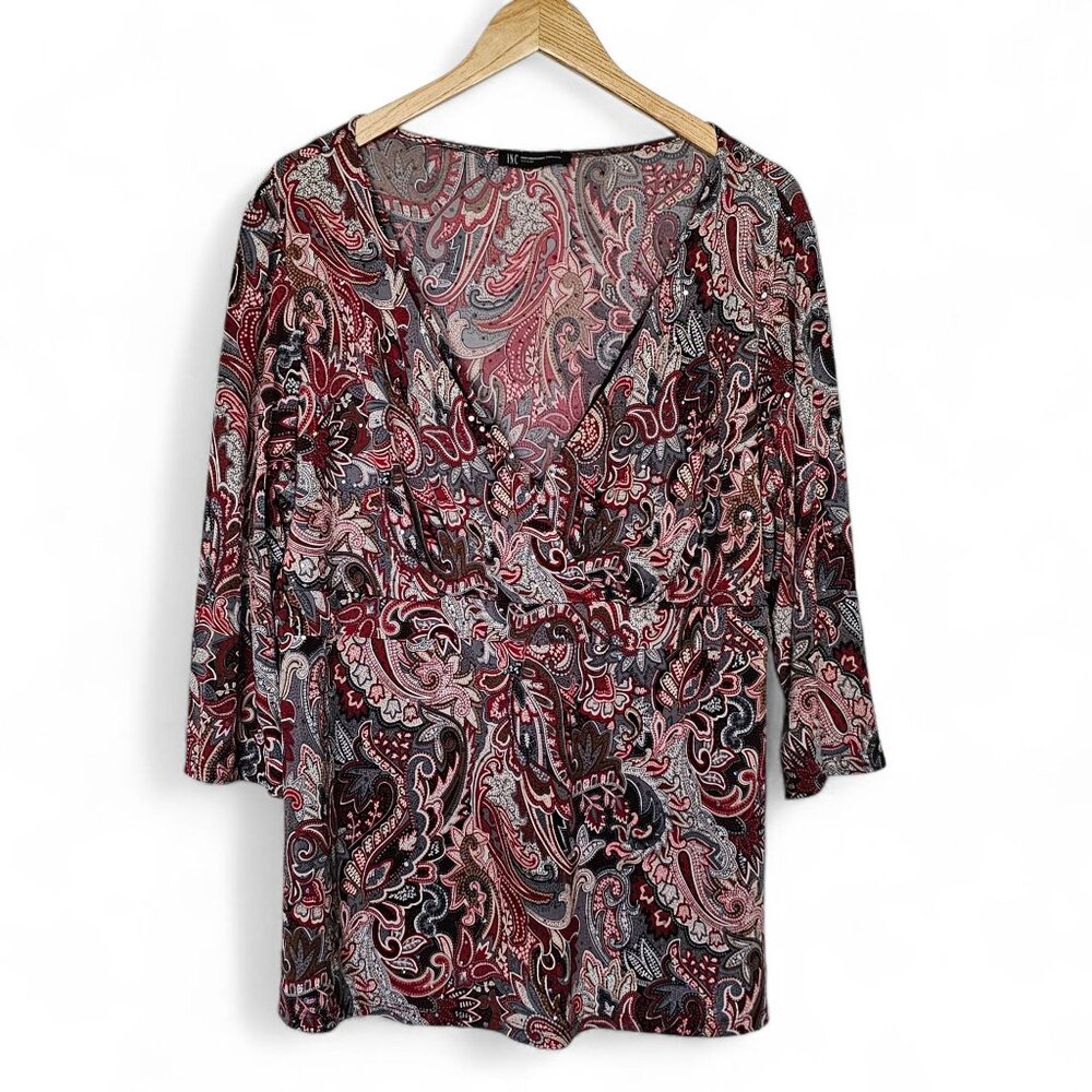 Y2K‎ 90's INC Paisley Top Babydoll Suplice Neck Moody Jewel Tones 2X Embellished